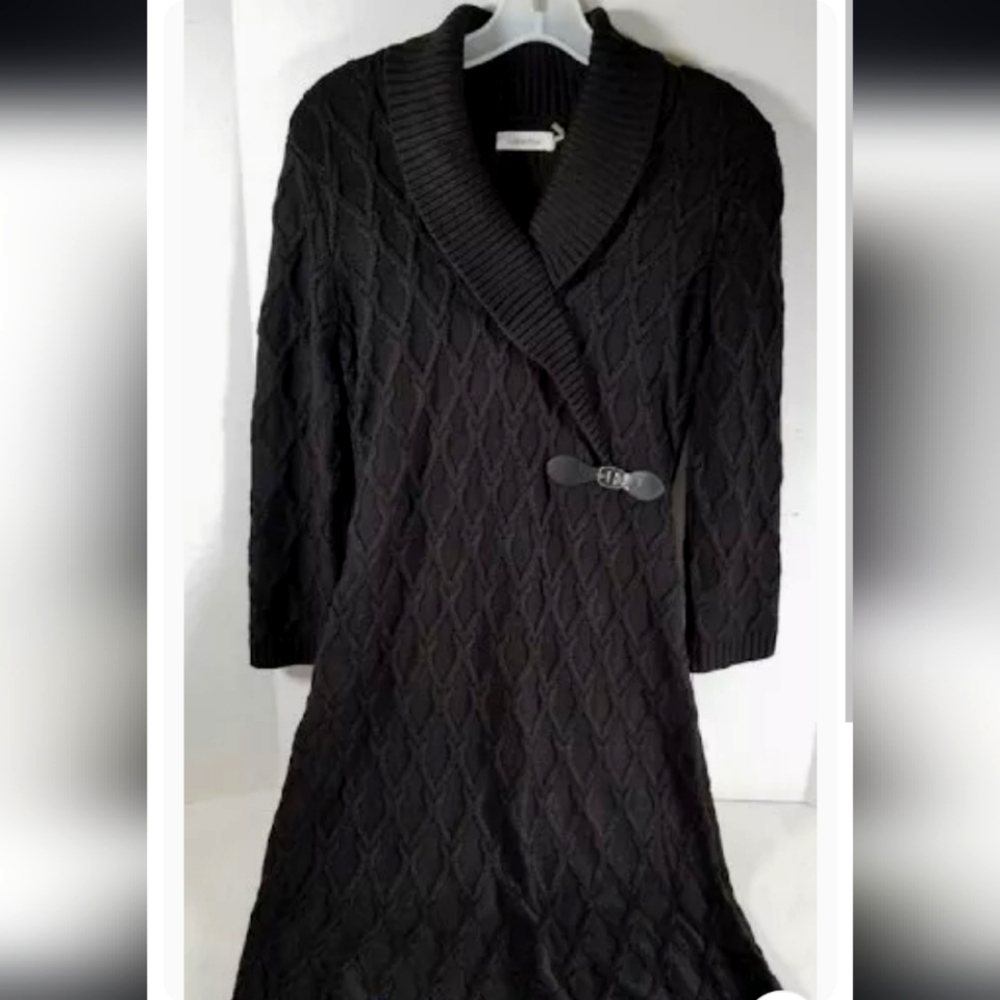 Calvin Klein Black Shawl  Knit Sweater Dress 3/4 Sleeve Buckle